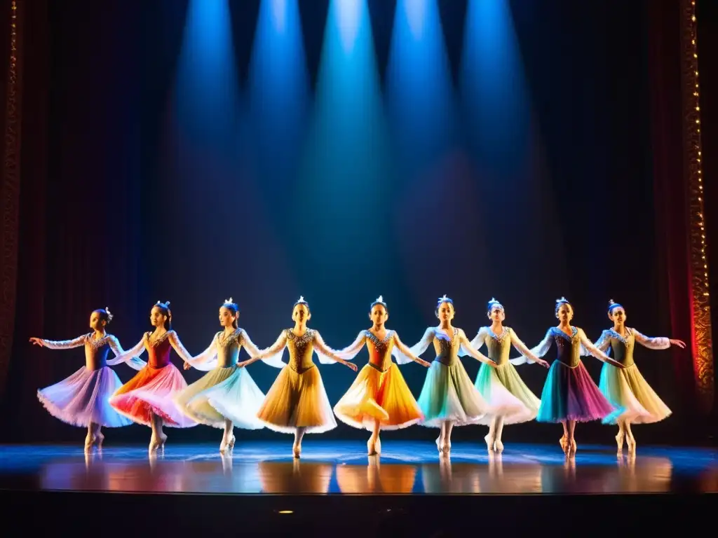 Grupo de jóvenes bailarines en vibrantes trajes en escenario iluminado