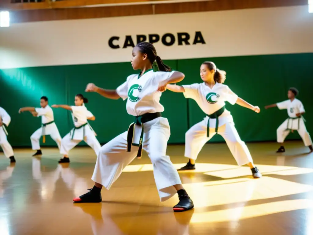 Un grupo de jóvenes practica capoeira en el gimnasio de la escuela, transmitiendo energía y alegría con movimientos dinámicos y coloridos