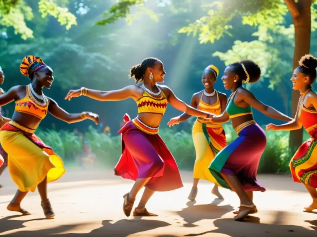 Un grupo de jóvenes bailando en un círculo de danza africana, envueltos en la energía y ritmo de la música