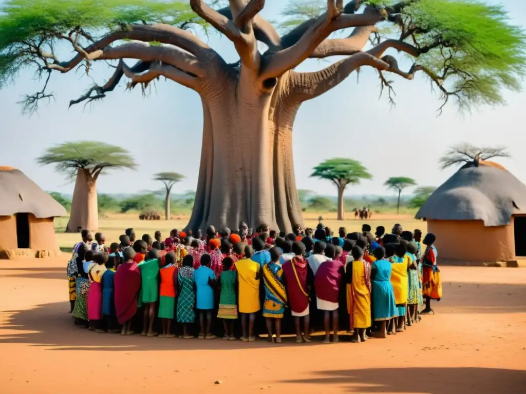 Grupo de jóvenes aprendiendo danzas tradicionales en África bajo baobab