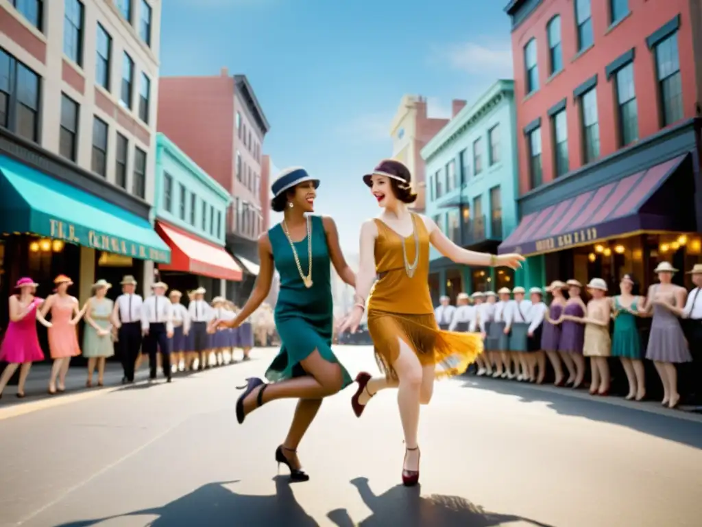 Un grupo de jóvenes entusiastas viste atuendos de los años 20 bailando Charleston en una bulliciosa calle de la ciudad