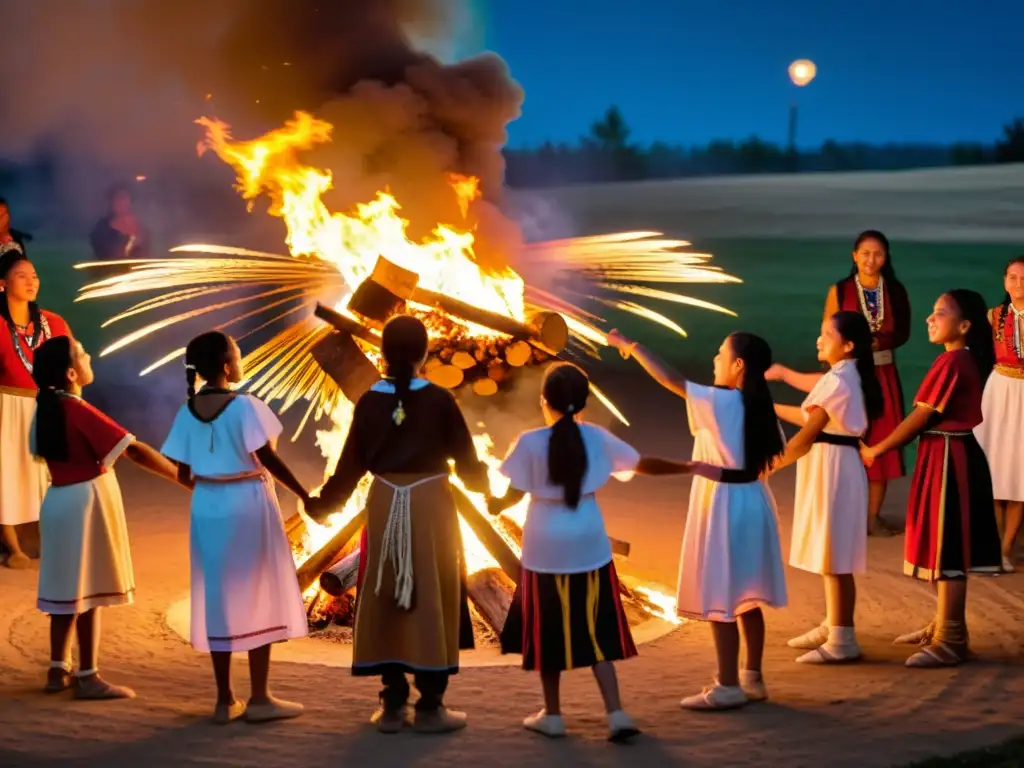 Un grupo de jóvenes estudiantes vestidos con trajes tradicionales nativos americanos bailan alrededor de una fogata