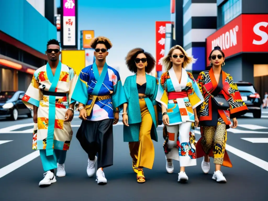 Un grupo de jóvenes fashionistas urbanos desfilando con kimonos modernizados en una bulliciosa calle de la ciudad