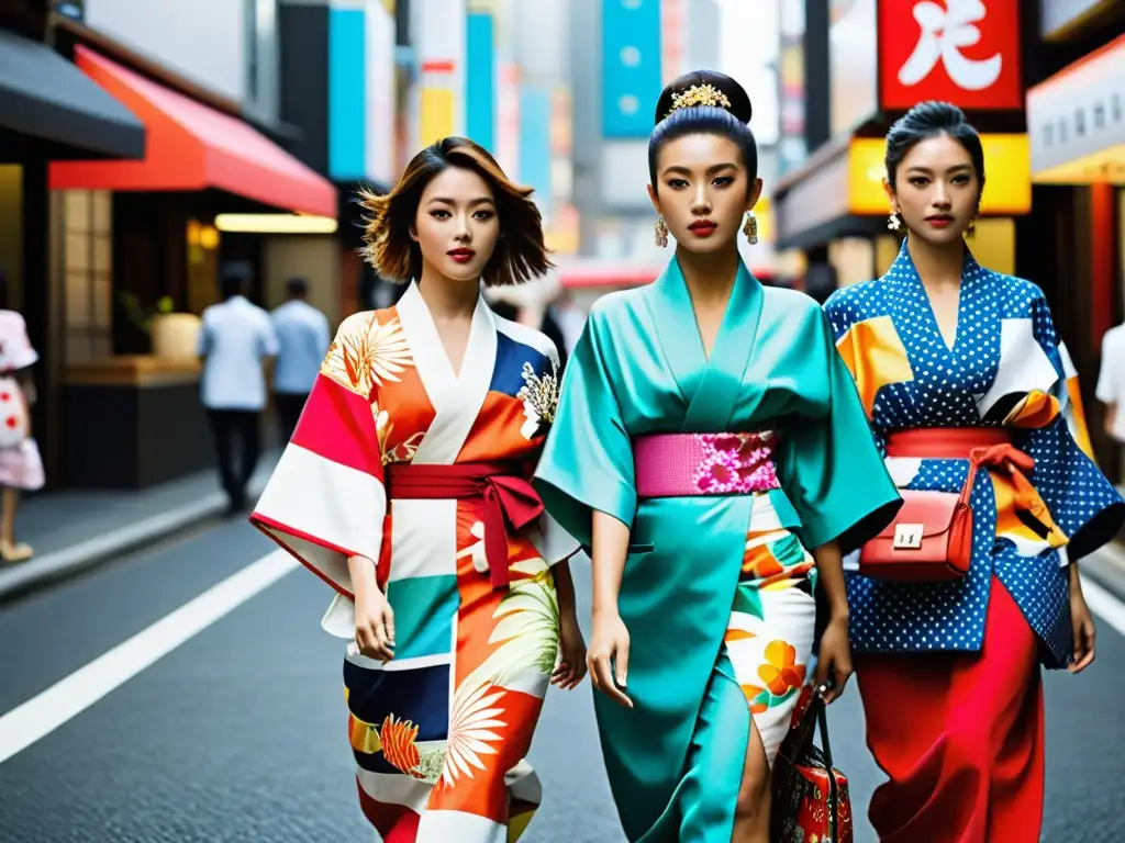 Un grupo de jóvenes fashionistas urbanos viste kimonos contemporáneos y vibrantes, fusionando la moda urbana con estética japonesa