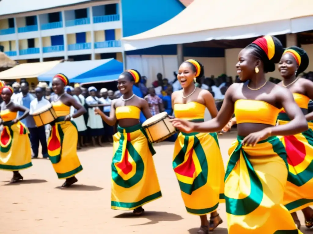 Un grupo de jóvenes ghaneses vistiendo trajes tradicionales vibrantes bailan con energía la danza Kpanlogo en un bullicioso mercado al aire libre