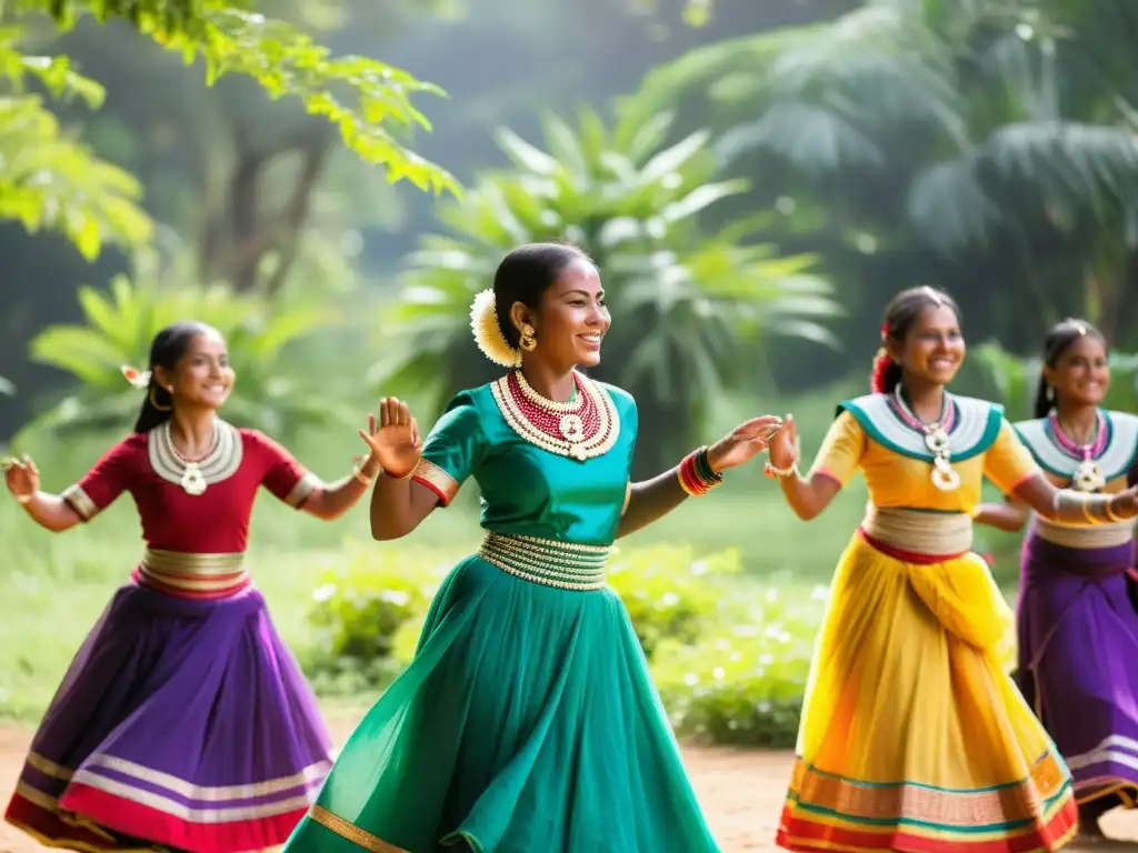 Un grupo de jóvenes iniciados danzando el Manjani en una ceremonia de iniciación en Gambia, con vestimenta tradicional y joyería colorida, rodeados de exuberante vegetación y luz solar