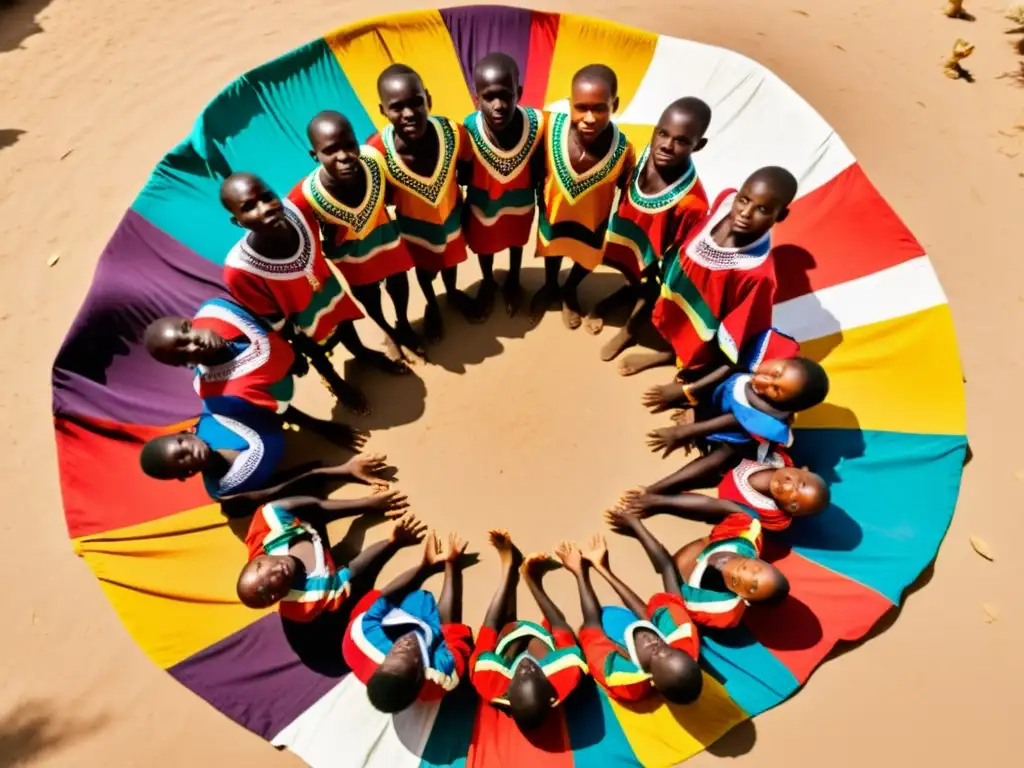 Grupo de jóvenes iniciados danzando bajo el sol africano en la vibrante Ceremonia de iniciación Manjani en Gambia y Senegal