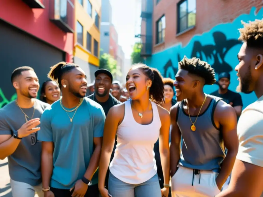 Un grupo de jóvenes participa en una intensa batalla de rap en una animada calle de la ciudad, reflejando la historia y evolución del Hip Hop