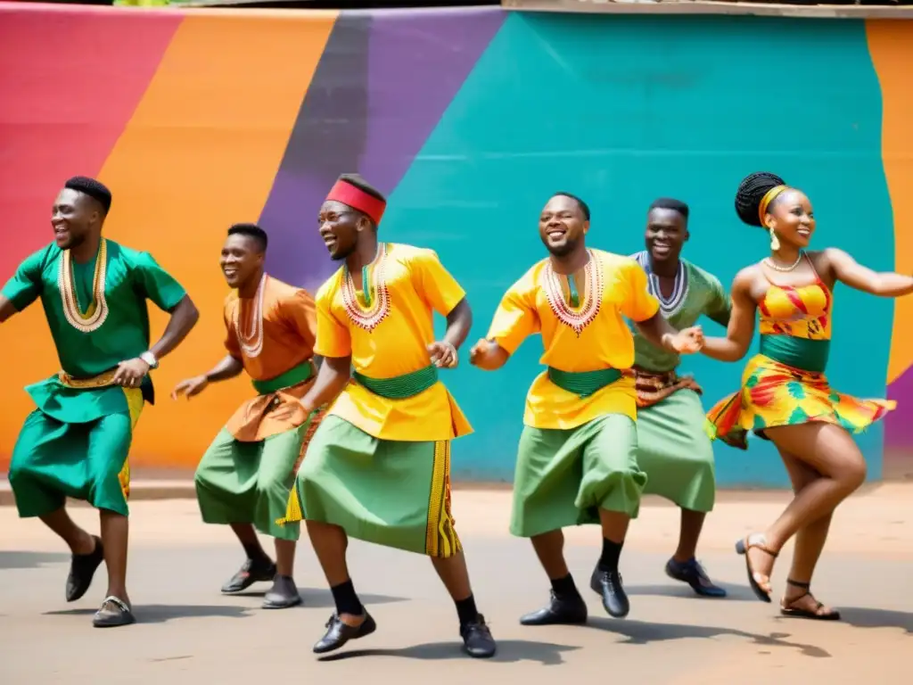 Grupo de jóvenes nigerianos en atuendos tradicionales bailando el Shaku Shaku en un festival vibrante