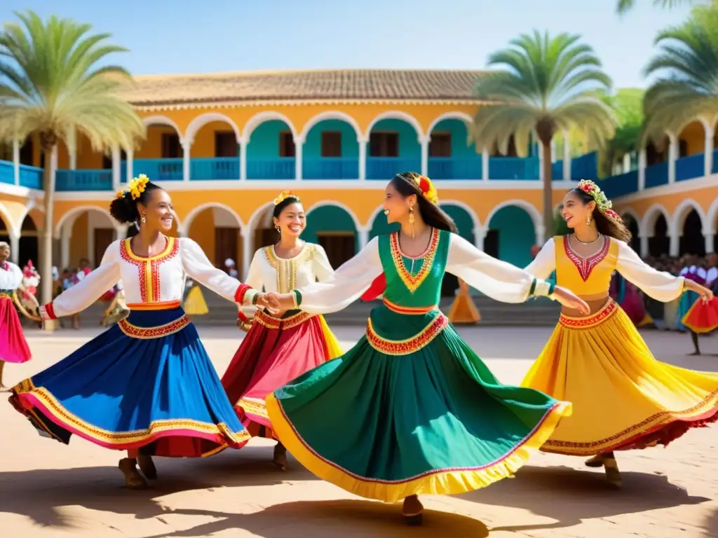 Un grupo de jóvenes en trajes tradicionales coloridos bailando en una plaza soleada