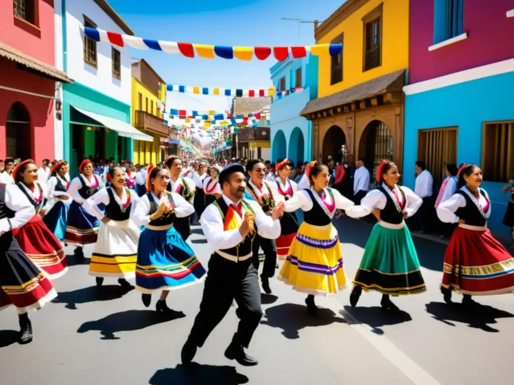 Grupo de jóvenes bailando la vibrante Cueca chora en una calle de Chile, celebrando su significado cultural