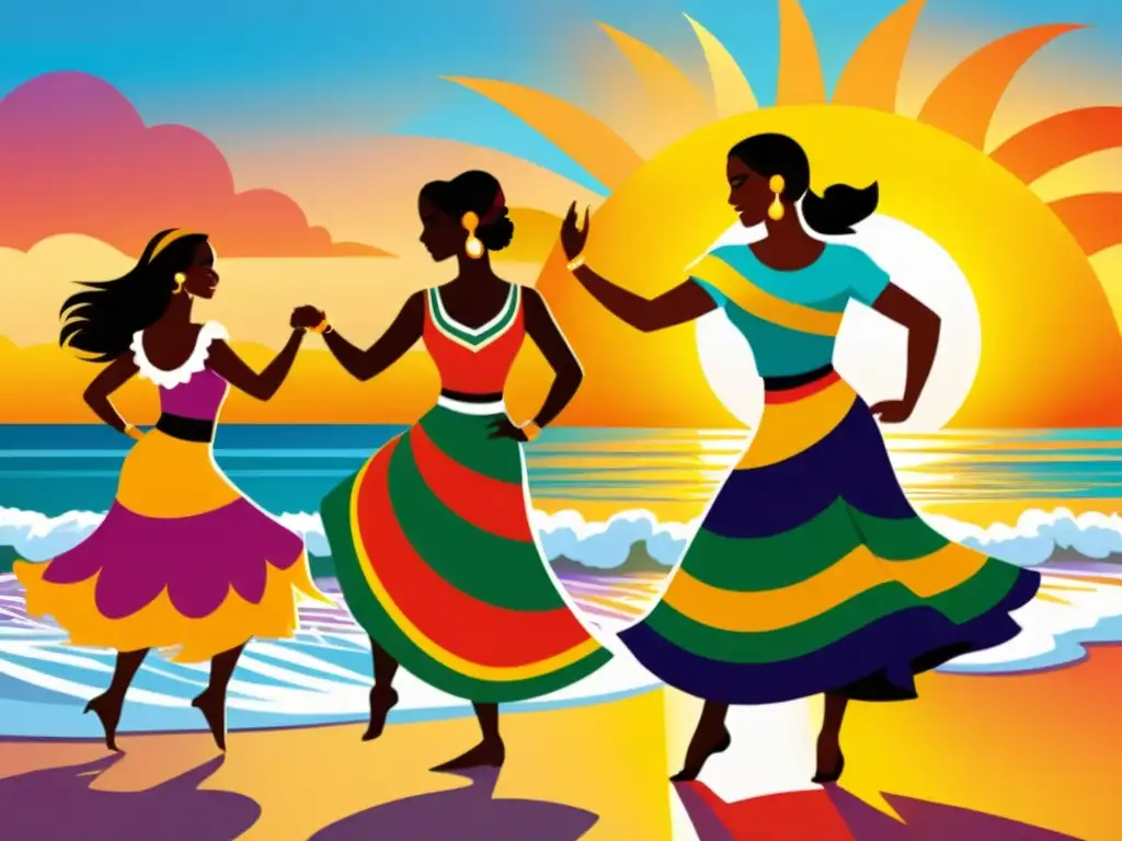 Baile de Lambada: Pasión en la Playa de Brasil Grupo bailando la Lambada en la playa de Brasil al atardecer, capturando la energía y el significado cultural de esta historia lambada brasileña