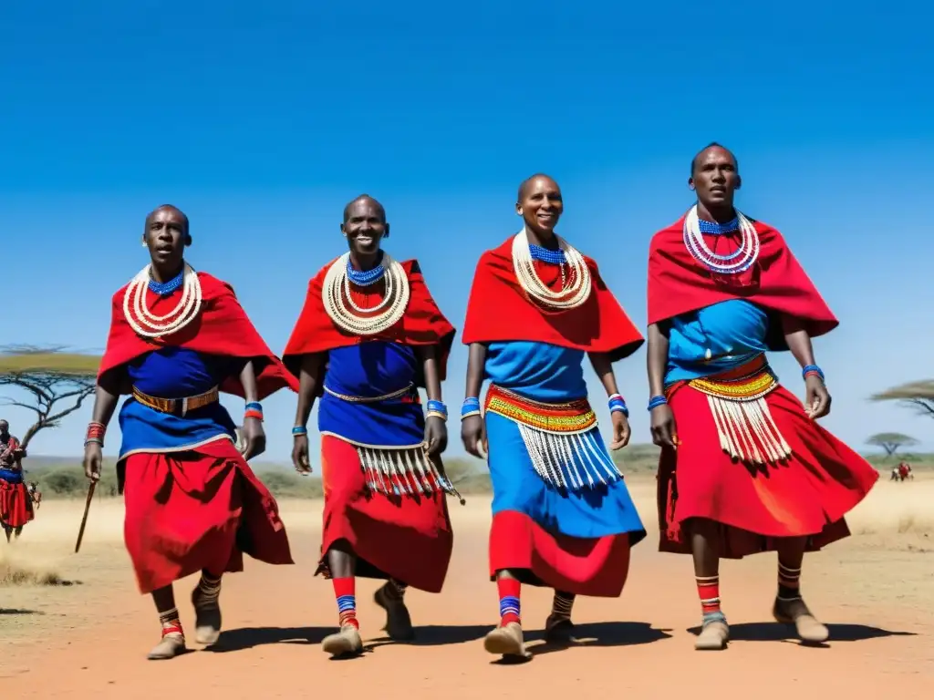 Grupo Maasai en Kenia bailando en la sabana, con trajes coloridos y movimientos dinámicos que capturan la influencia de la danza en turismo sostenible