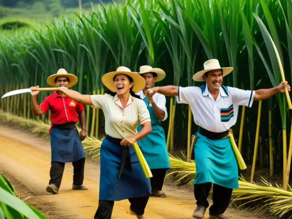 Un grupo de macheteros danza entre cañaverales hondureños, mostrando el significado agrario de la danza de los macheteros en Honduras