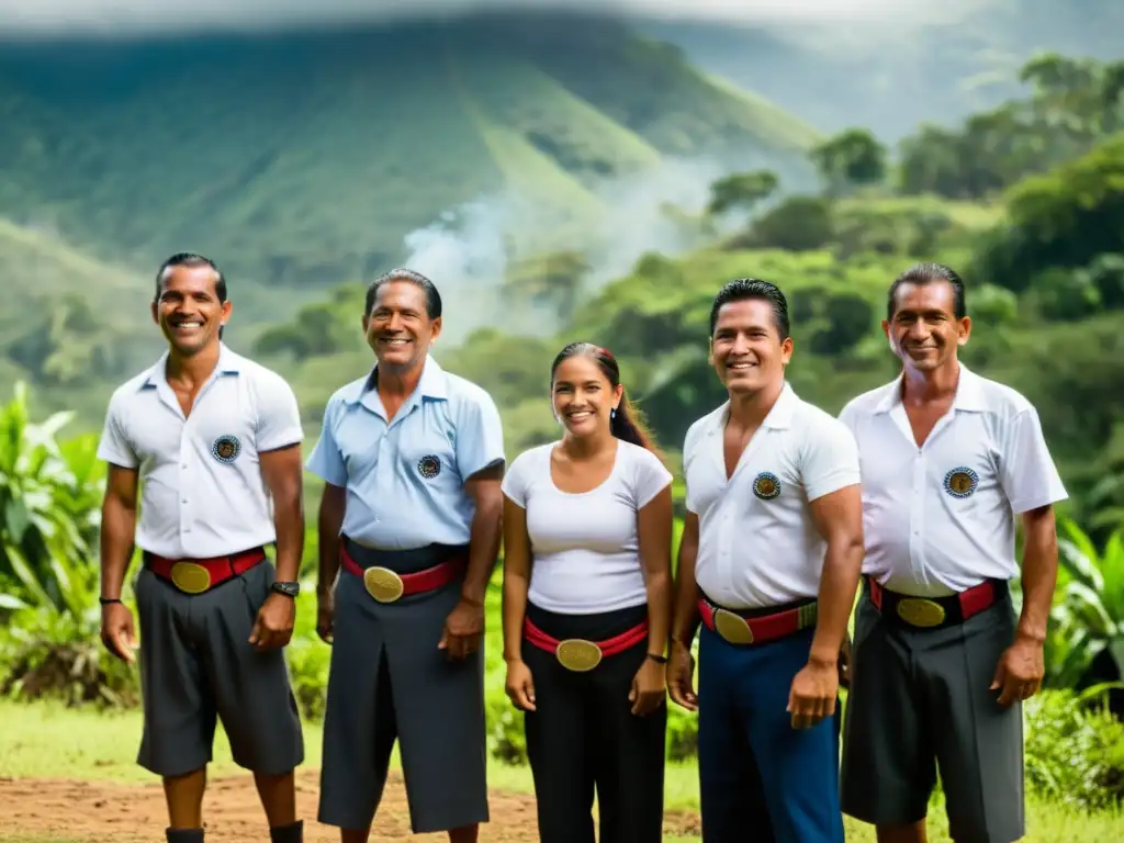 Grupo de macheteros hondureños danzando bajo el sol, en trajes tradicionales, con machetes en alto, enérgicos y conectados con la tierra