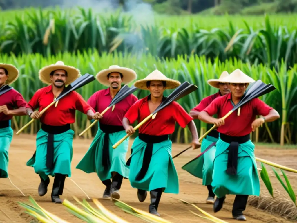 Un grupo de macheteros vestidos con trajes tradicionales vibrantes, danzando al ritmo de la música hondureña en un campo bañado por el sol, mientras sus machetes cortan la caña de azúcar