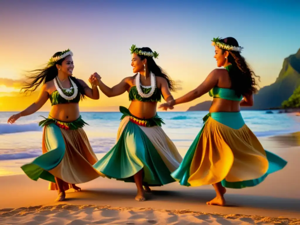 Grupo de Maestros destacados y Halau Hula influyentes bailando en la playa al atardecer, con trajes polinesios vibrantes y el mar de fondo, capturando el significado cultural e historia del Hula Polinesia