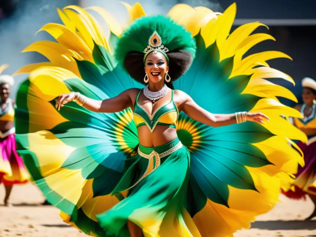 Maestros del Samba: Energía y Tradición en Rio Grupo de maestros sambistas danzando con pasión y gracia en el carnaval de Río de Janeiro, creando un espectáculo visual vibrante