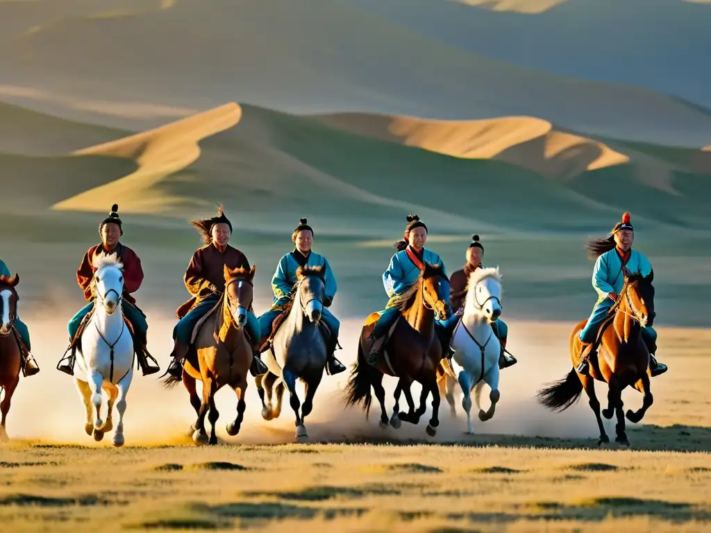 Un grupo de majestuosos caballos mongoles galopando libremente en la vasta estepa, bajo el resplandor dorado del sol poniente