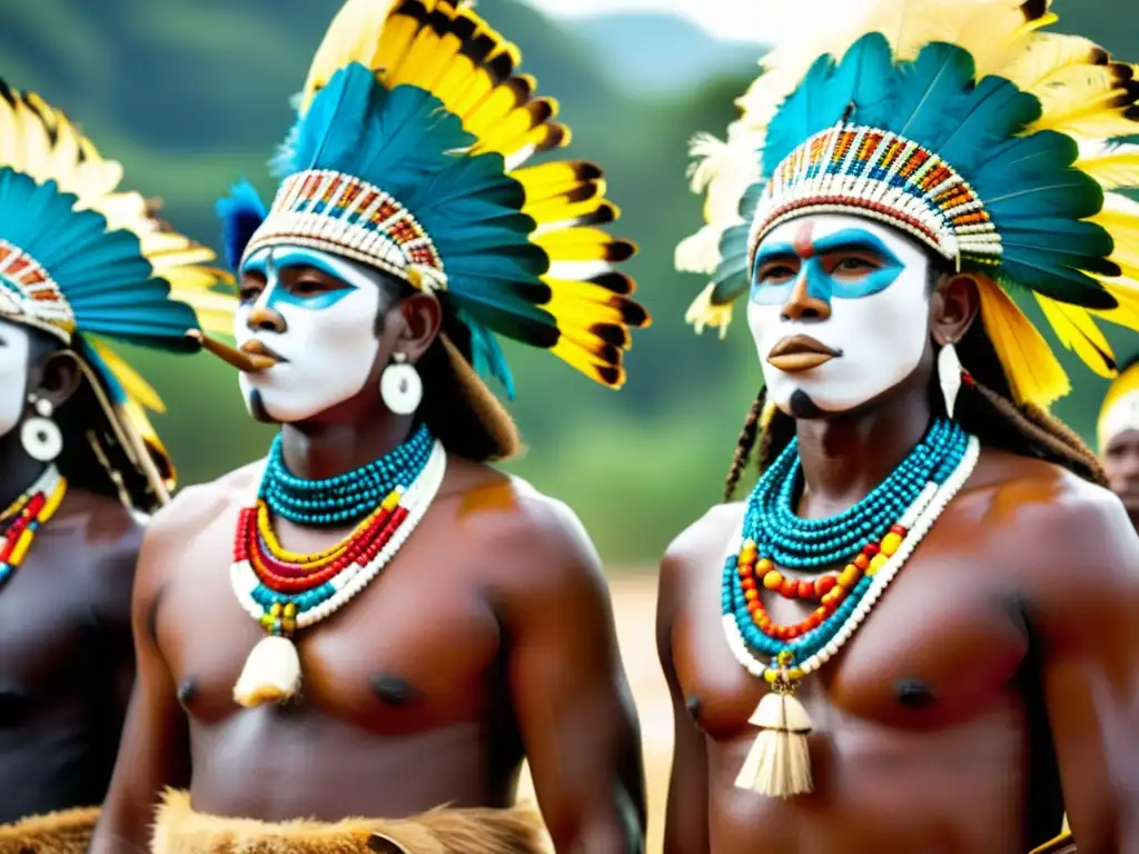 Grupo de Mandingas en trajes tradicionales realizando el Rito de Pasaje Kankurang, con máscara tallada y plumas en la selva exuberante