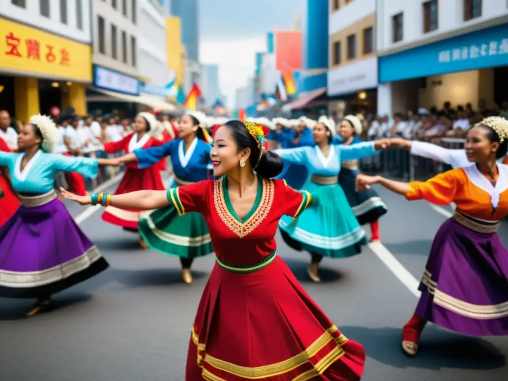 Un grupo de manifestantes vistiendo trajes tradicionales ejecutan una danza apasionada en una concurrida calle de la ciudad