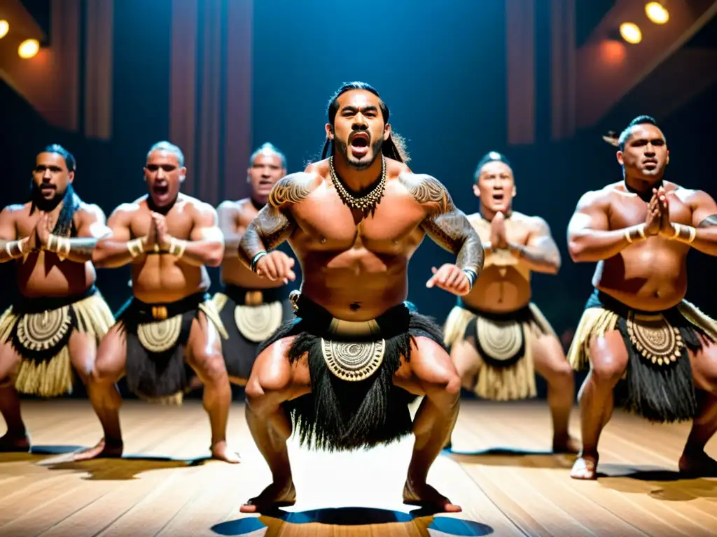 Grupo Maorí ejecutando la danza haka con instrumentos musicales en Nueva Zelanda, mostrando orgullo cultural y energía dinámica