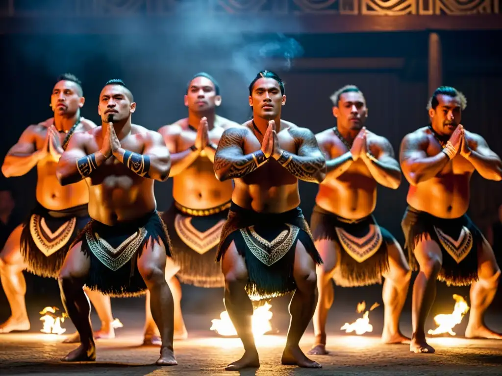 Grupo Maorí ejecuta haka tradicional en marae iluminado por antorchas, evocando orgullo y fuerza en documentales de danza tradicional