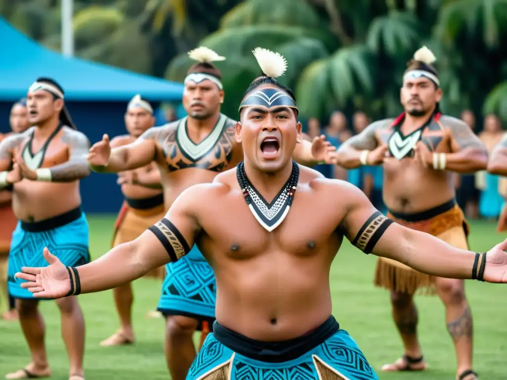 Grupo Maorí Te Matatini Haka ejecutando una danza poderosa, rodeados de espectadores