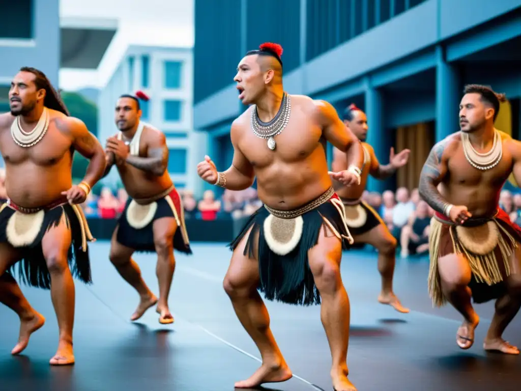 Grupo de Maoríes realiza el Haka en un entorno urbano global, con espectadores de diversas culturas