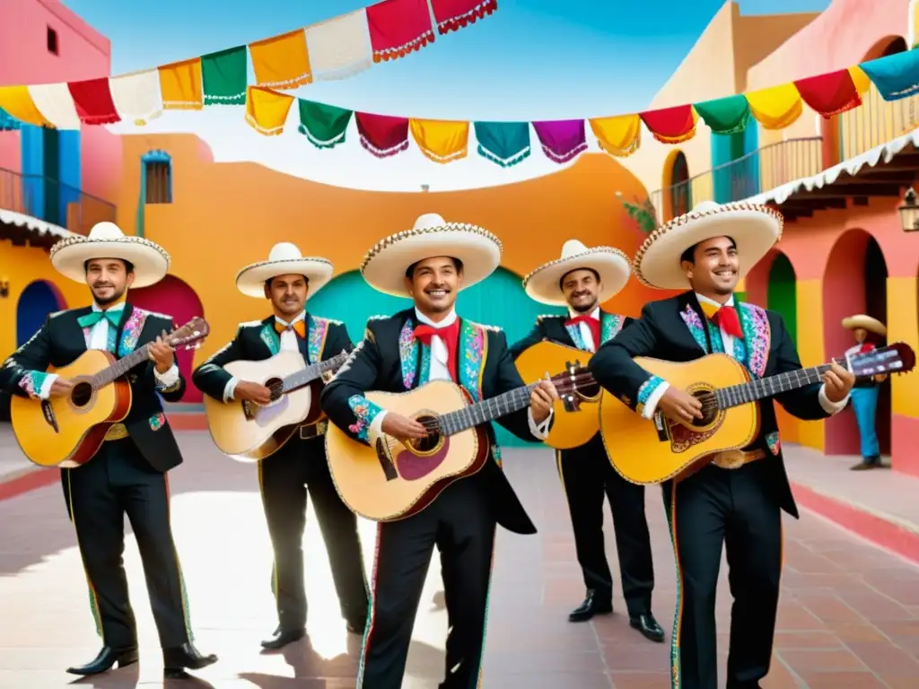 Grupo de mariachis en plaza animada tocando con pasión, reflejando el significado cultural del Jarabe Tapatío en México