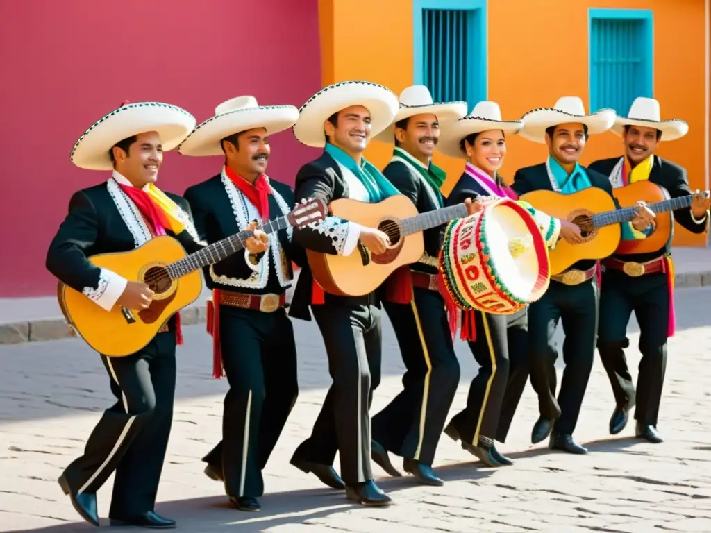 Grupo de mariachis en trajes charros ejecutando un zapateado en plaza mexicana, mostrando la danza típica mexicana turismo local