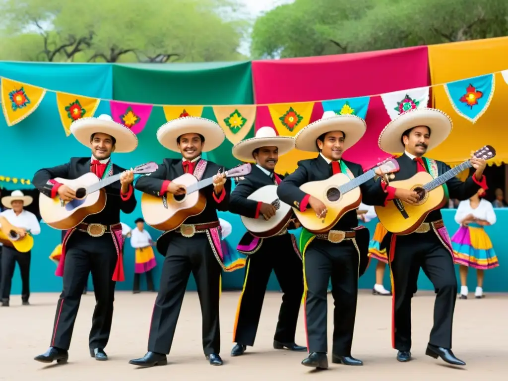 Grupo de mariachis en trajes charros ejecutando zapateado, rodeados de coloridas decoraciones y una animada multitud en una plaza