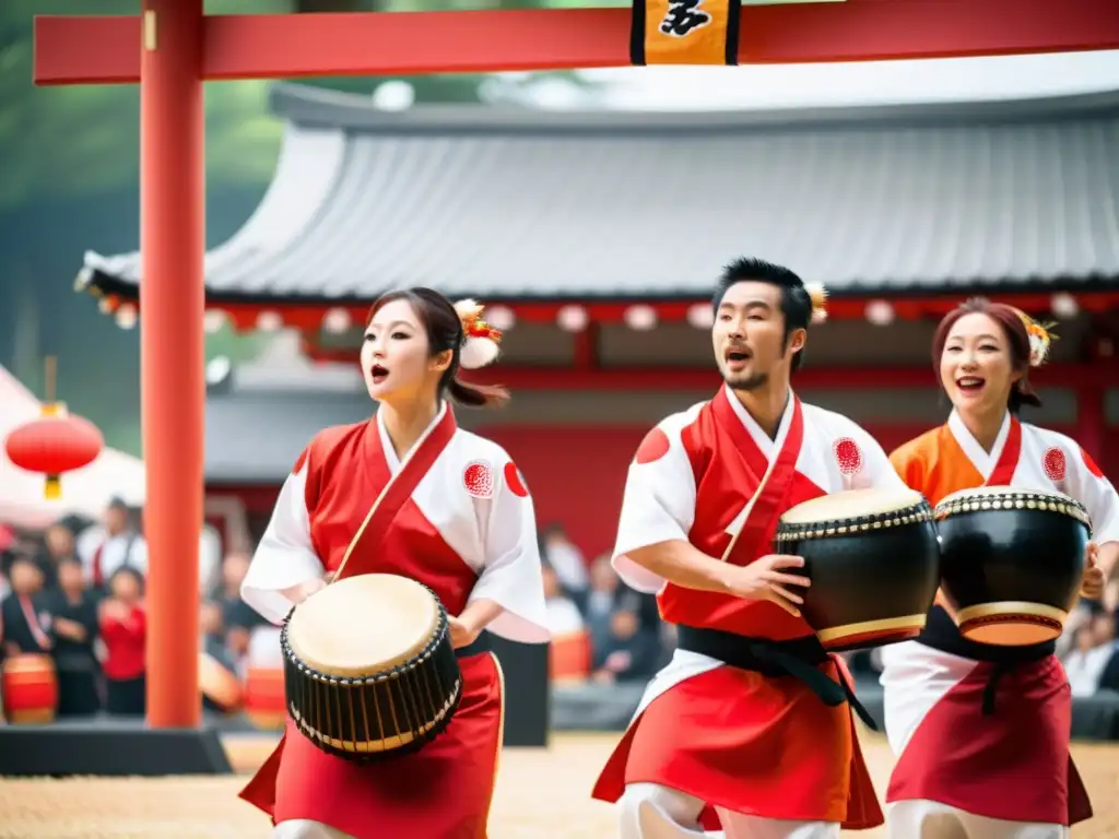 Grupo de taiko en Matsuri japonés, con trajes vibrantes, expresiones intensas y movimientos dinámicos