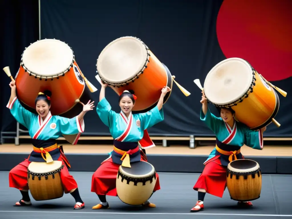 Un grupo de taiko Matsuri japonés, con trajes tradicionales vibrantes, enérgicamente interpretando en el escenario