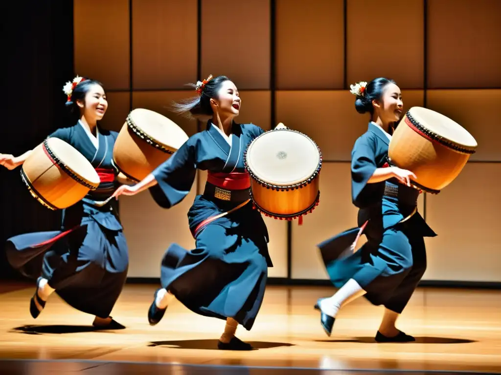 Grupo bailando con movimientos japoneses, sincronizados con percusión Taiko en escenario iluminado