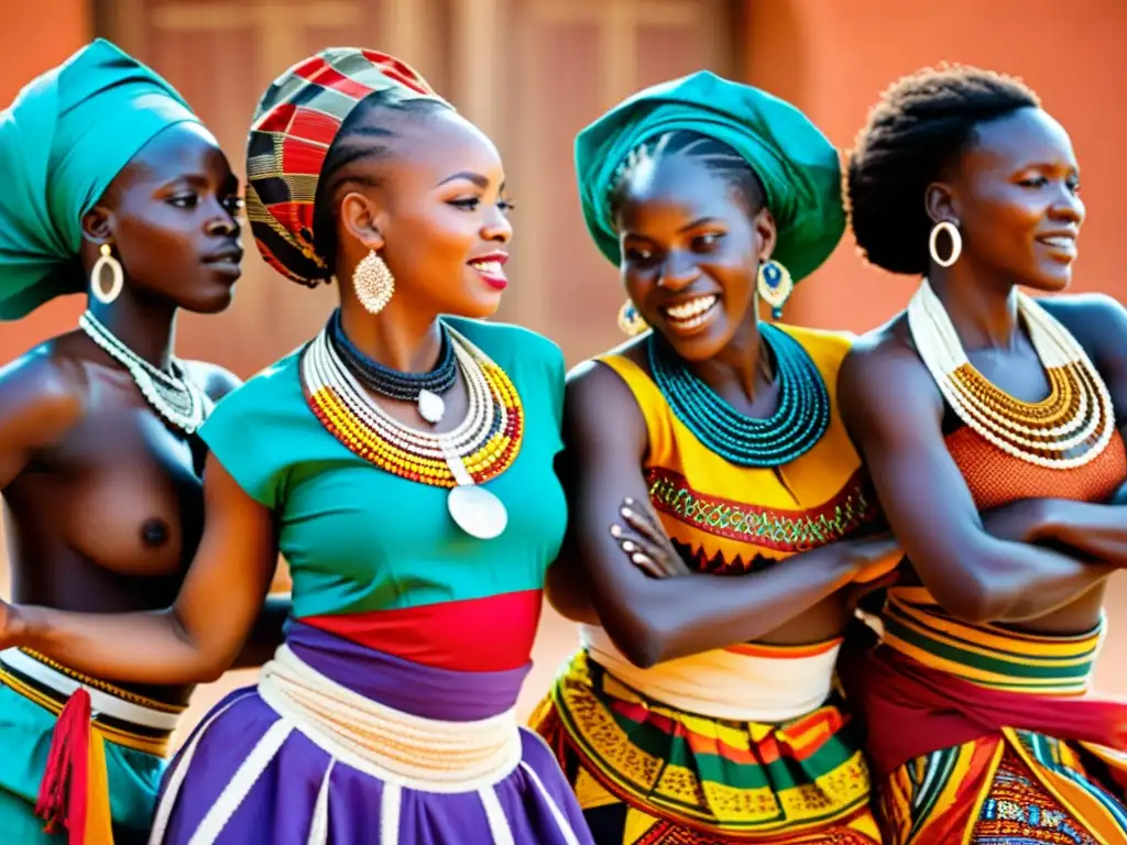 Grupo de mujeres africanas danzando en atuendos tradicionales, mostrando la importancia de la vestimenta en las danzas africanas