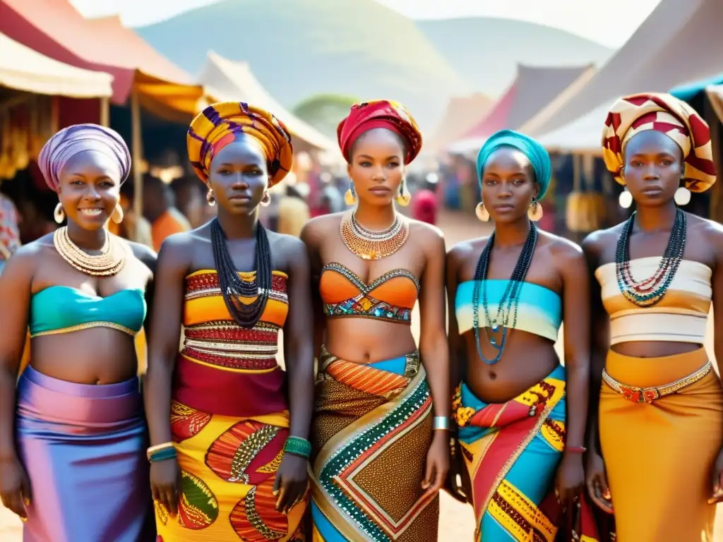 Un grupo de mujeres africanas viste colorida vestimenta tradicional, con patrones e intrincados detalles, en un bullicioso mercado africano