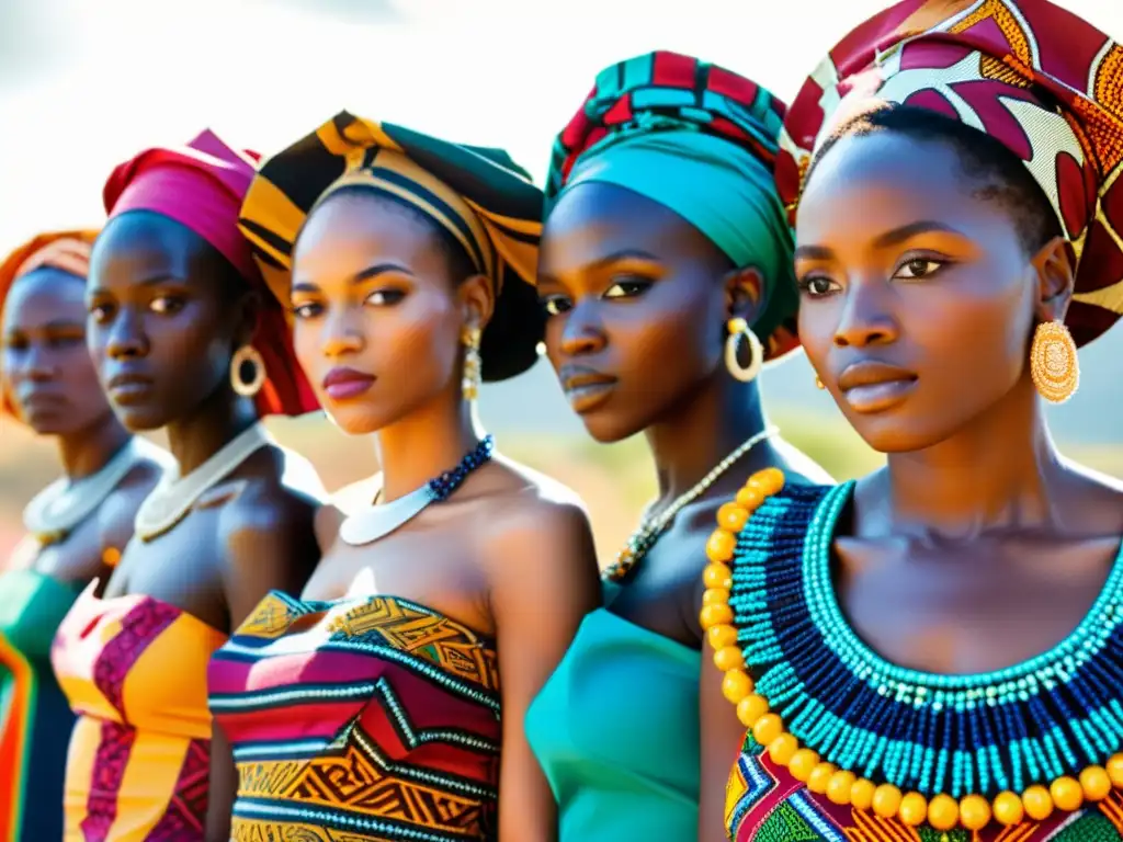 Grupo de mujeres africanas vistiendo coloridas y detalladas vestimentas tradicionales, mostrando empoderamiento y rica herencia cultural africana