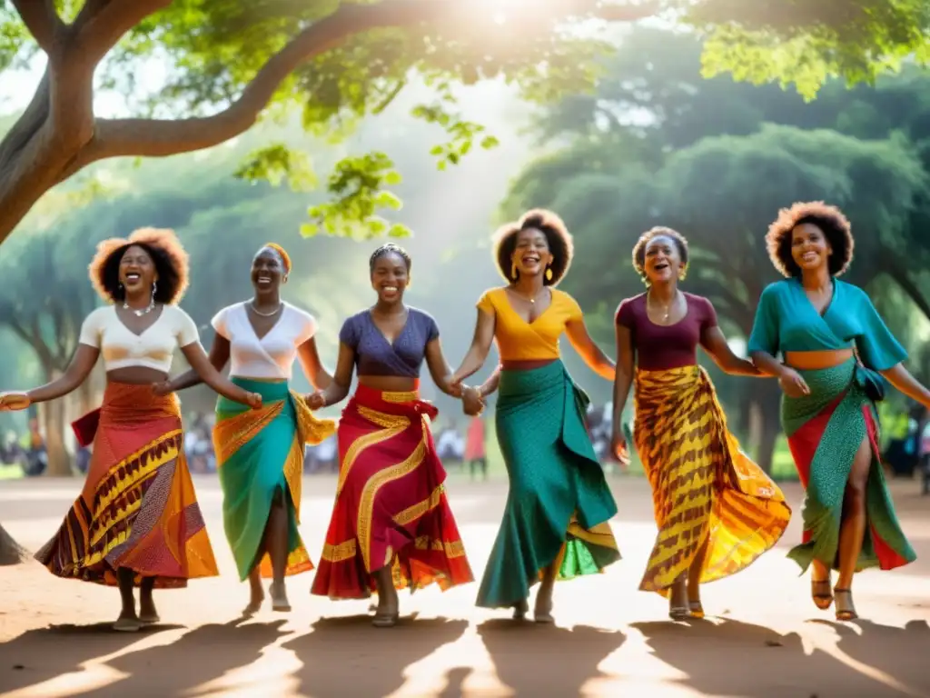 Un grupo de mujeres africanas danza en círculo con faldas vibrantes, expresando alegría y determinación