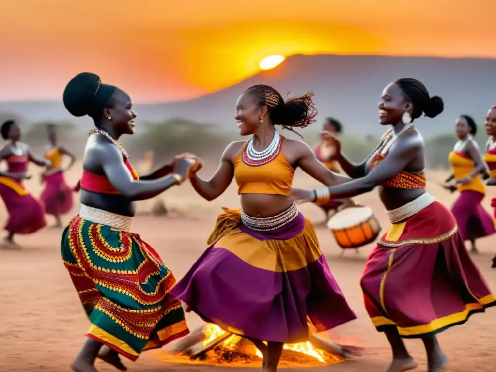 Un grupo de mujeres africanas danza grácilmente alrededor del fuego al atardecer, destacando los roles de mujeres en danza africana