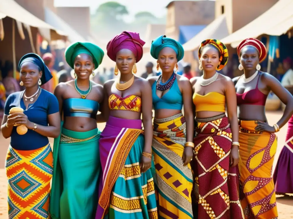 Grupo de mujeres africanas vistiendo faldas y envolturas coloridas con significado cultural, en un bullicioso mercado