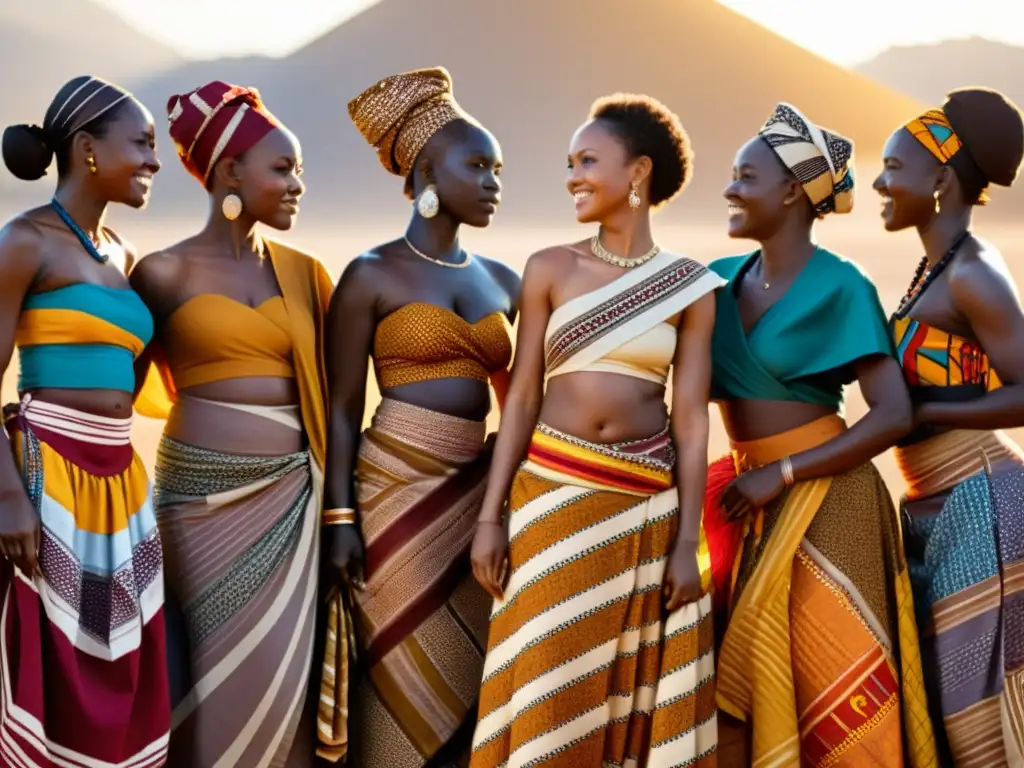 Grupo de mujeres africanas con faldas tradicionales y envolturas, exhibiendo significado cultural en la vestimenta africana