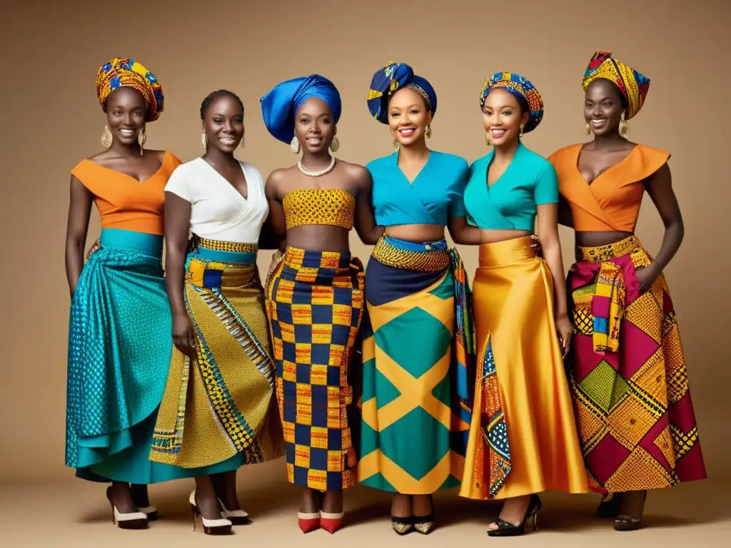 Un grupo de mujeres africanas lleva faldas y envolturas coloridas, reflejando el significado cultural de la vestimenta africana