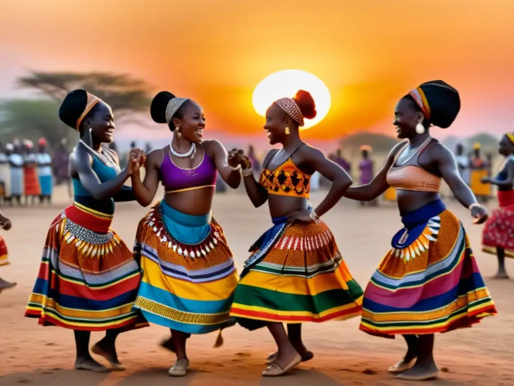 Grupo de mujeres africanas danzando alrededor de una fogata al atardecer, transmitiendo la importancia del baile en bodas africanas tradicionales