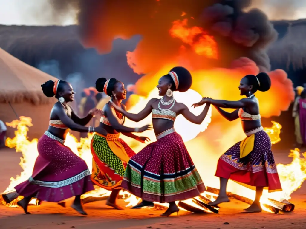 Grupo de mujeres africanas danzando alrededor de un fuego, destacando la importancia del papel de las mujeres en las danzas africanas