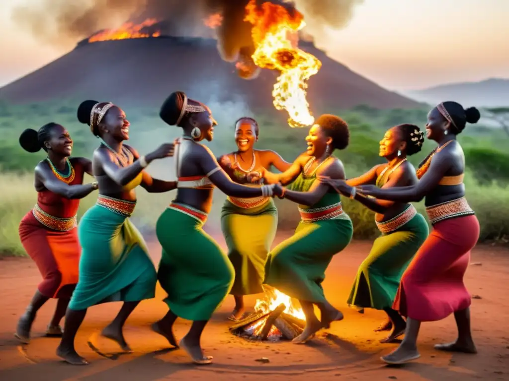 Un grupo de mujeres africanas danzando alrededor de un fuego en un ritual de fertilidad, con vestimenta tradicional y joyas brillantes