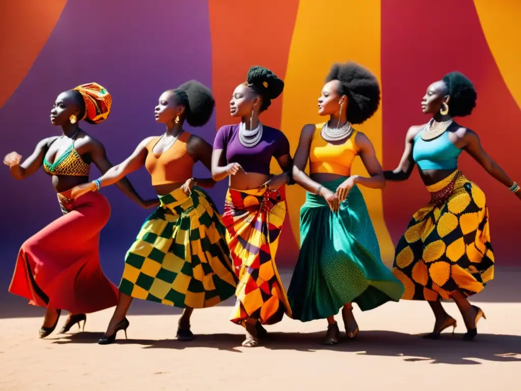 Grupo de mujeres africanas danzando con gracia y fuerza, empoderamiento femenino a través de danzas tradicionales africanas