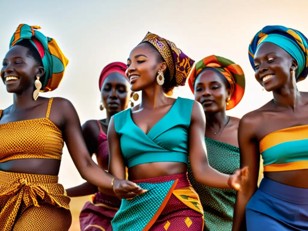 Un grupo de mujeres africanas danzando con gracia y poder, celebrando su cultura usando turbantes