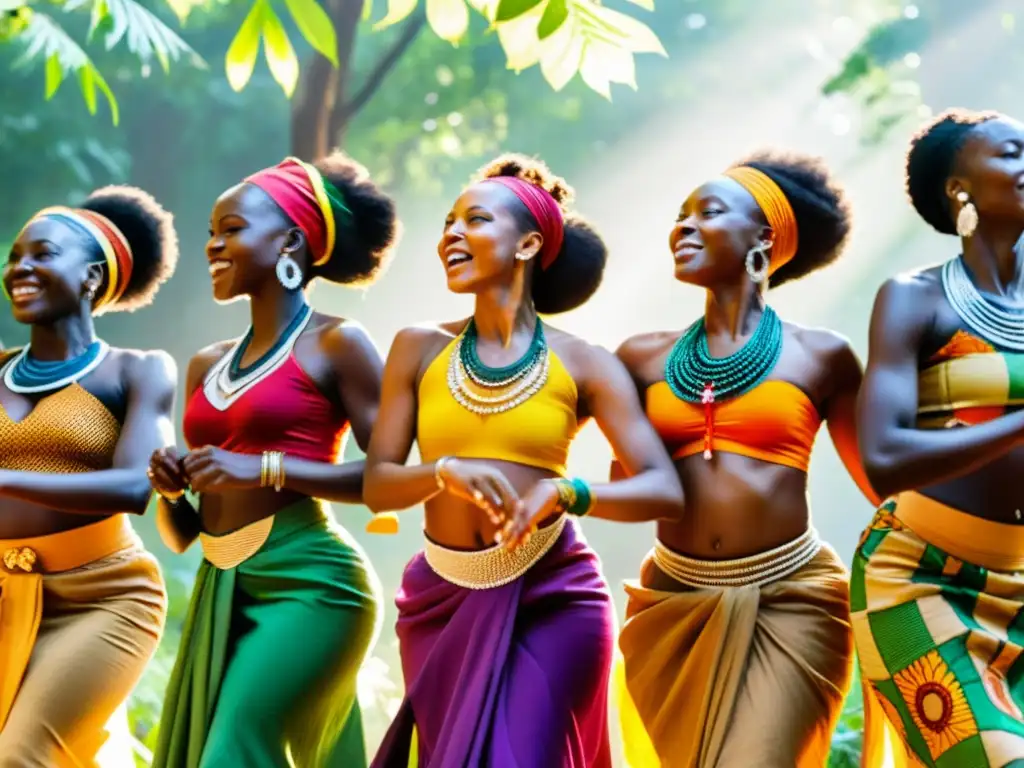 Grupo de mujeres africanas danzando con gracia y poder en el bosque, destacando la importancia del papel de las mujeres en las danzas africanas