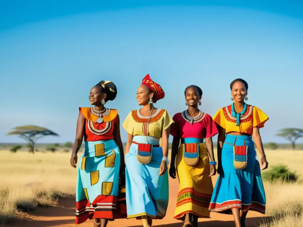 Un grupo de mujeres africanas con impactante vestimenta tradicional camina en la sabana bajo el sol africano